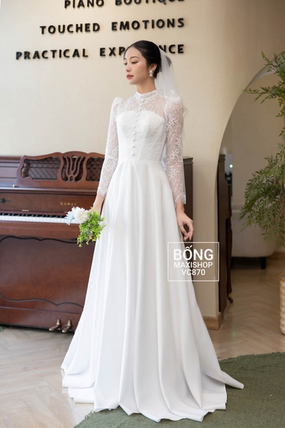 Váy cưới phi nhật trắng phối thân ren điểm nút VC870