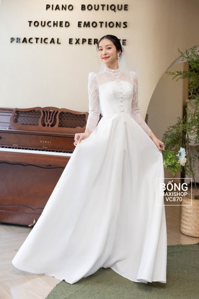 Váy cưới phi nhật trắng phối thân ren điểm nút VC870