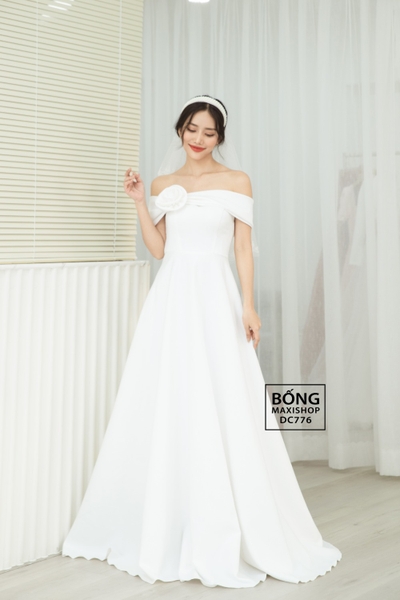Váy cưới phi nhật trắng trễ vai hoa DC776PNT