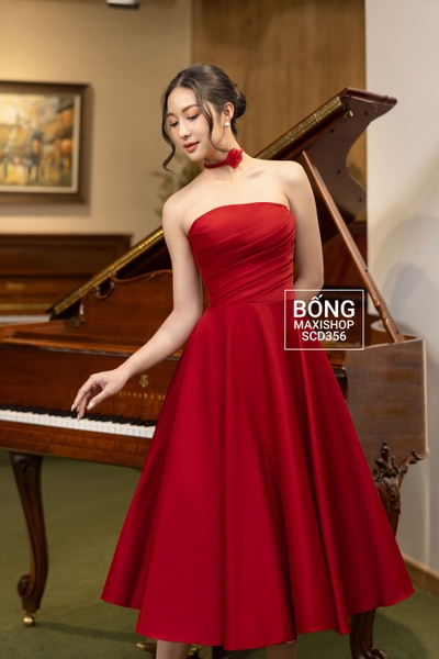 Váy cưới phi nhật trễ vai đỏ xếp ly xéo trễ vai rời lửng váy ngắn SCD356D