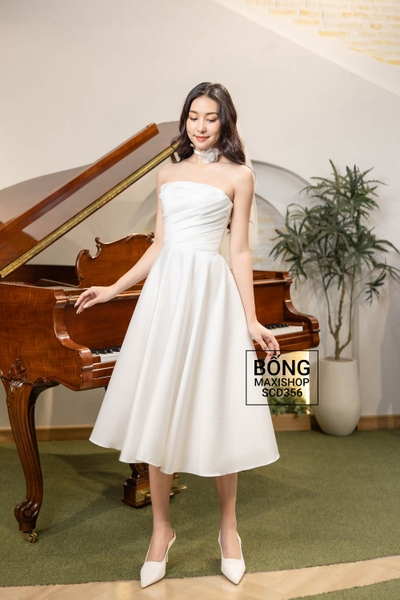 Váy cưới phi nhật trễ vai trắng xếp ly xéo trễ vai rời lửng váy ngắn SCD356T