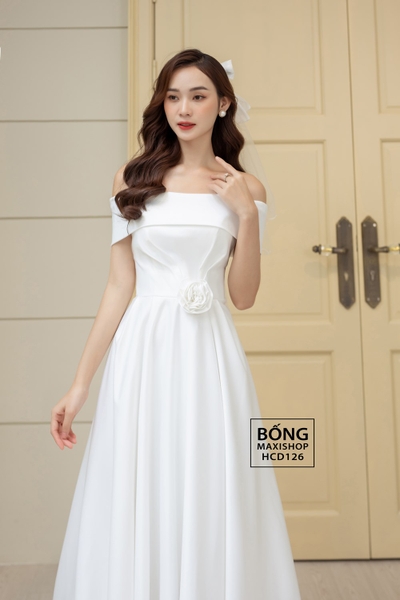 Váy cưới phi nhật trễ vai ngang trắng hoa eo HCD126