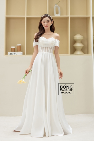 Váy cưới phi nhật trễ vai organza trắng hoa ngực HCD062