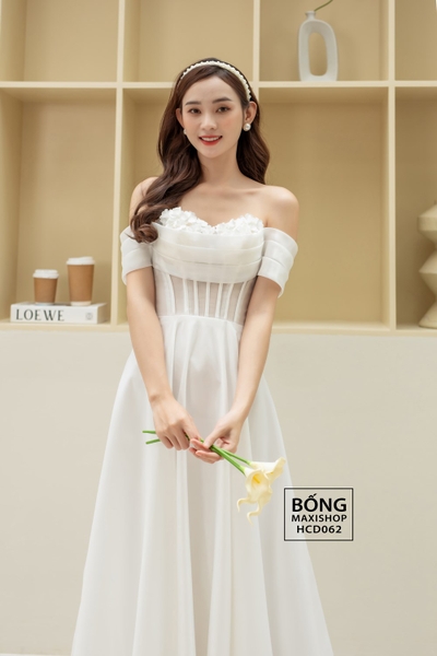 Váy cưới phi nhật trễ vai organza trắng hoa ngực HCD062