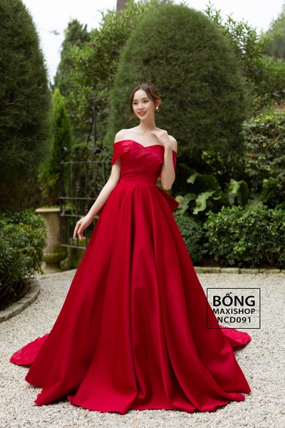 Váy cưới phi nhật voan tùng phồng trễ vai nơ đỏ NCD091D