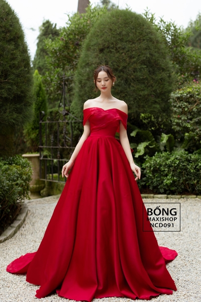 Váy cưới phi nhật voan tùng phồng trễ vai nơ đỏ NCD091D