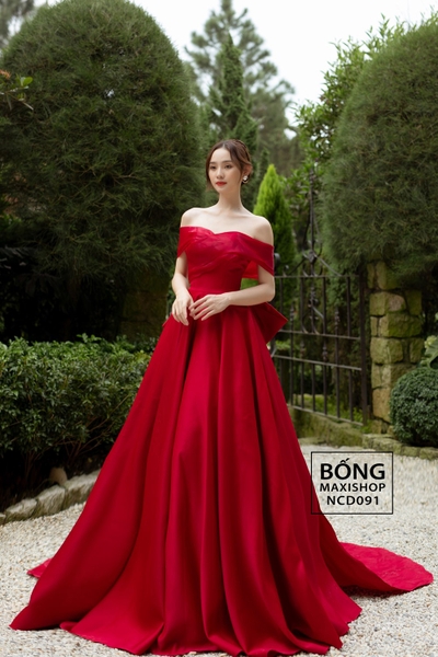 Váy cưới phi nhật voan tùng phồng trễ vai nơ đỏ NCD091D