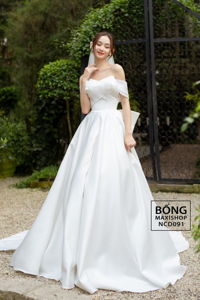 Váy cưới phi nhật voan tùng phồng trễ vai nơ trắng NCD091T
