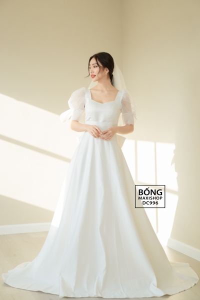 Váy cưới phi nhật phối organza trắng tay phồng DC996