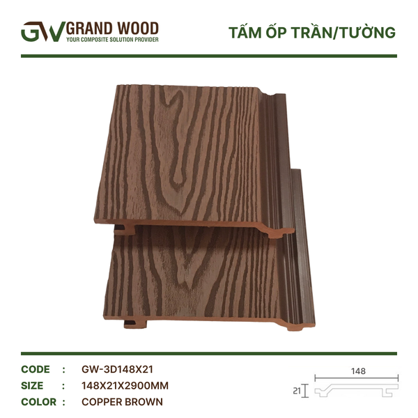 Tấm Ốp Trần, Tường GrandWood GW-3D148x21 Copper Brown