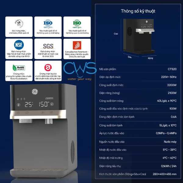 Bảng thông số kỹ thuật máy lọc nóng lạnh GE CTS20