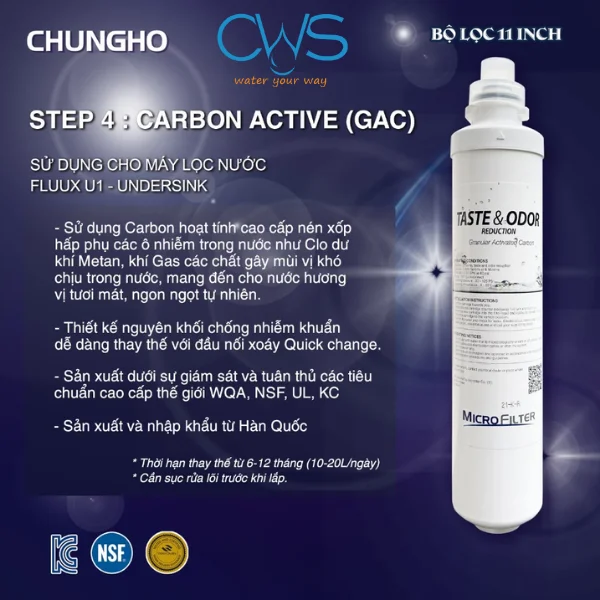 Cấu tạo và chức năng lõi lọc nước Chungho UF1 Carbon Active (GAC)