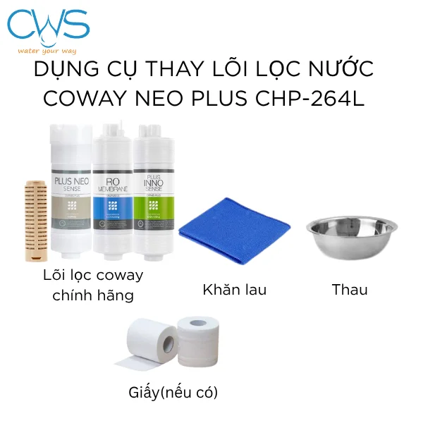 Chuẩn bị đầy đủ dụng cụ để thay lõi máy Coway Neo Plus-264L