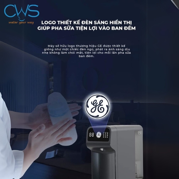 Logo máy lọc nước GE B04 sáng đèn hiển thị giúp pha sữa tiện lợi ban đêm