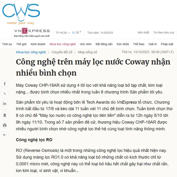 Lõi Lọc Nước Coway - Công nghệ lọc tiên tiến được bình chọn bởi VNExpress 2011