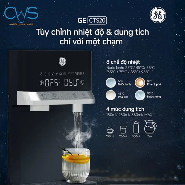 Máy lọc nóng lạnh GE CTS20 điều chỉnh nhiệt độ, dung tích dễ dàng với 1 chạm