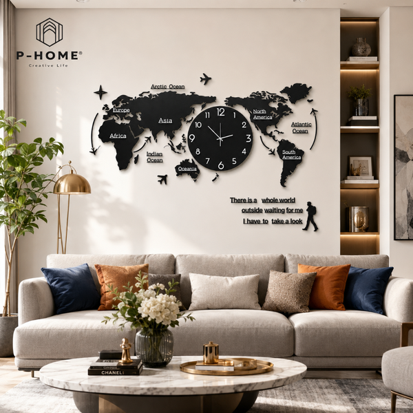 Đồng hồ treo tường bản đồ thế giới P-HOME