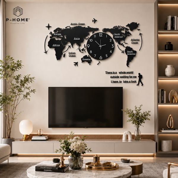 Đồng hồ treo tường bản đồ thế giới P-HOME
