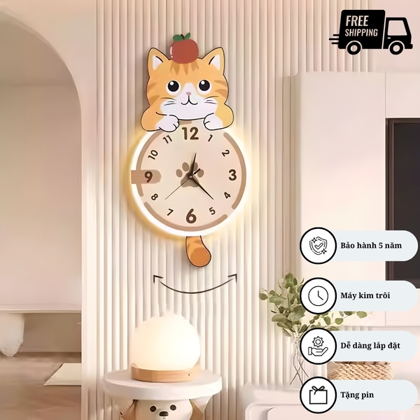 Đồng Hồ Treo Tường Mèo Cute Có Đuôi Lắc CL104