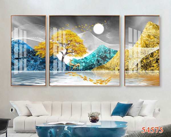 Bộ 3 tranh treo tường cây kim tiền và hươu tài lộc - P54575