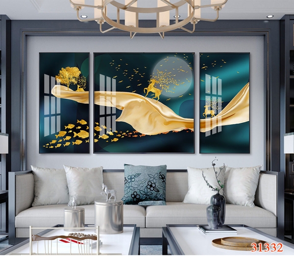 Bộ 3 tranh treo tường cây kim tiền và hươu tài lộc - P31332
