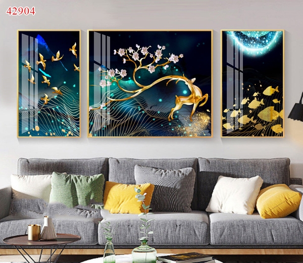Bộ 3 tranh treo tường cây kim tiền và hươu tài lộc - P42904