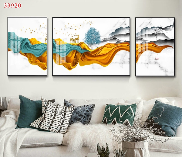Bộ 3 tranh treo tường cây kim tiền và hươu tài lộc - P33920