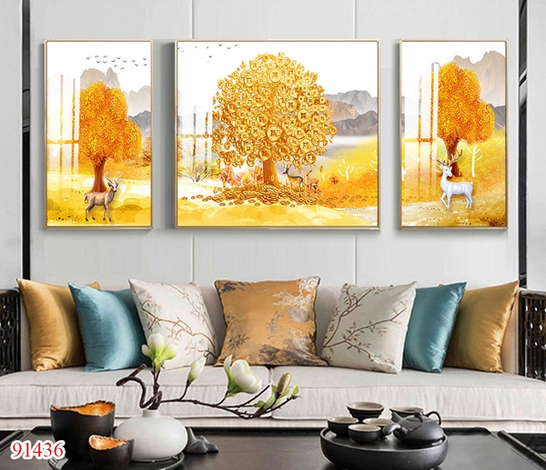 Bộ 3 tranh treo tường cây kim tiền và hươu tài lộc - P91436