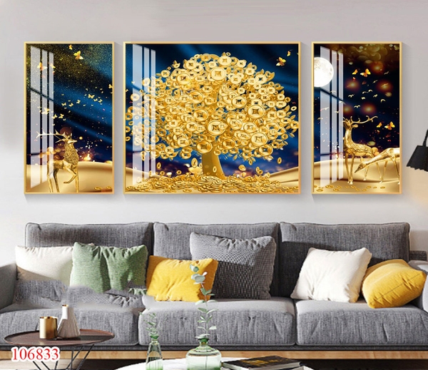 Bộ 3 tranh treo tường cây kim tiền và hươu tài lộc - P106833