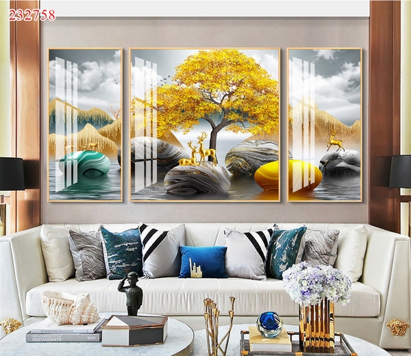 Bộ 3 tranh treo tường cây kim tiền và hươu tài lộc - P232758
