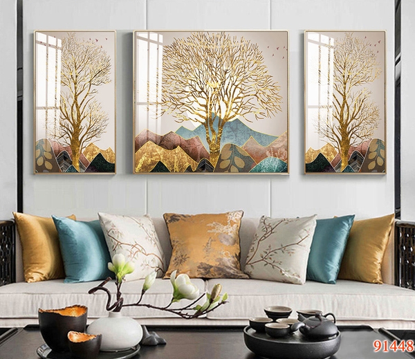 Bộ 3 tranh treo tường cây kim tiền và hươu tài lộc - P91448