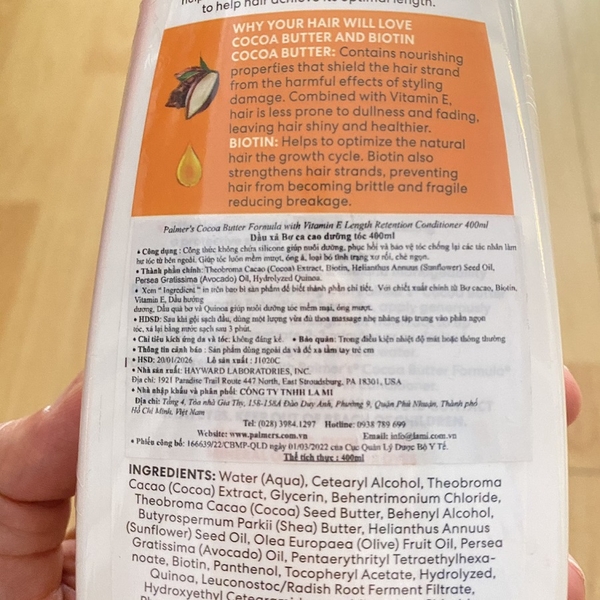Dầu xả bơ ca cao Palmer's cocoa Butter Formula With Vitamin E Length Retention Conditioner 400ml