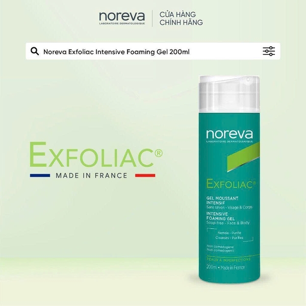 Gel rửa mặt, tắm toàn thân Noreva Exfoliac Intensive Foaming Gel 200ml - Da dầu mụn, da hỗn hợp thiên dầu