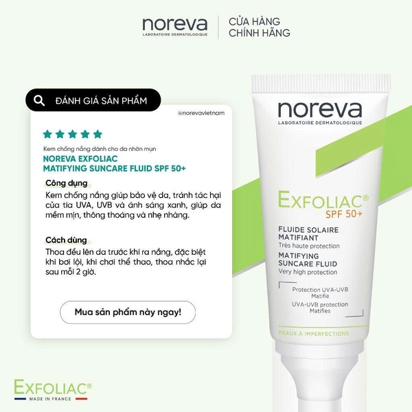 Kem chống nắng Noreva Exfoliac Suncare Fluid SPF 50+ 40ml - Cho da nhờn mụn, nhạy cảm