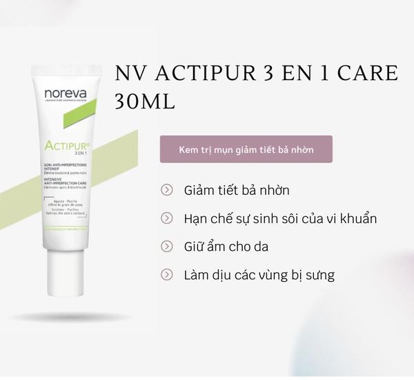 Kem dưỡng giảm mụn Noreva Actipur 3 En 1 30ml - cho da nhạy cảm, dễ kích ứng
