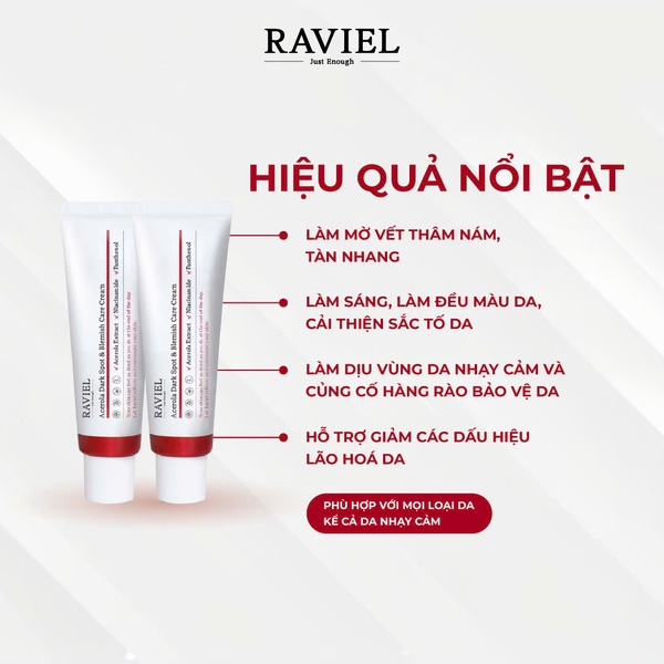 Kem dưỡng trắng giảm thâm nám, tái tạo da Raviel Acerola Dark Spot Blemish Care Cream 50ml