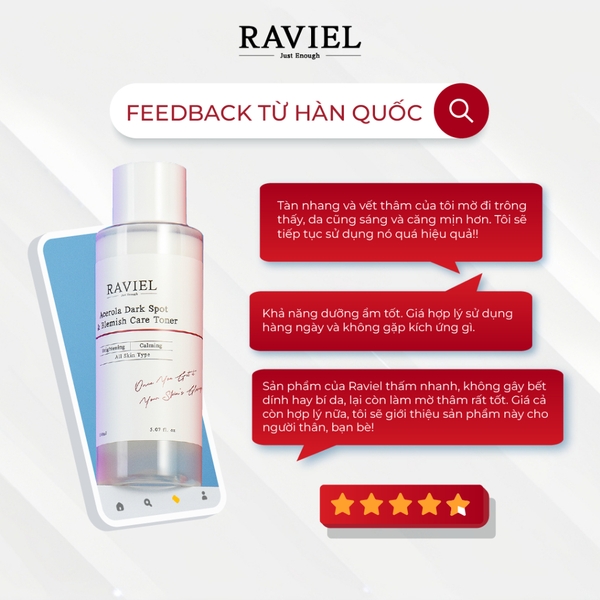 Nước hoa hồng giảm thâm nám, tái tạo da Raviel Acerola Dark Spot Blemish Care Toner 150ml