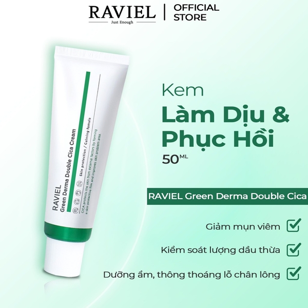Kem làm dịu, phục hồi da mụn, da kích ứng Raviel Green Derma Double Cica Cream 50ml