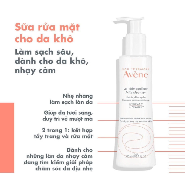Sữa rửa mặt, tẩy trang êm dịu Avene Gentle Milk Cleanser 200ml