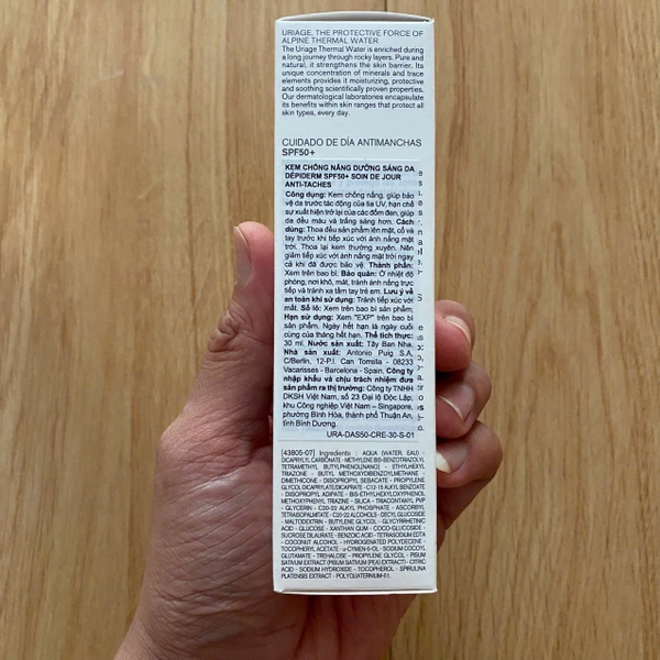 Kem chống nắng Uriage Depiderm SPF50+ Soin De Jour Anti-taches 30ml - làm đều màu da, dưỡng sáng