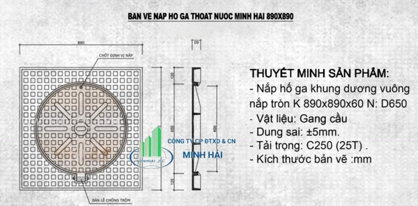 Bản vẽ nắp cống thoát nước Minh Hải khung vuông nắp tròn có lỗ thu nước