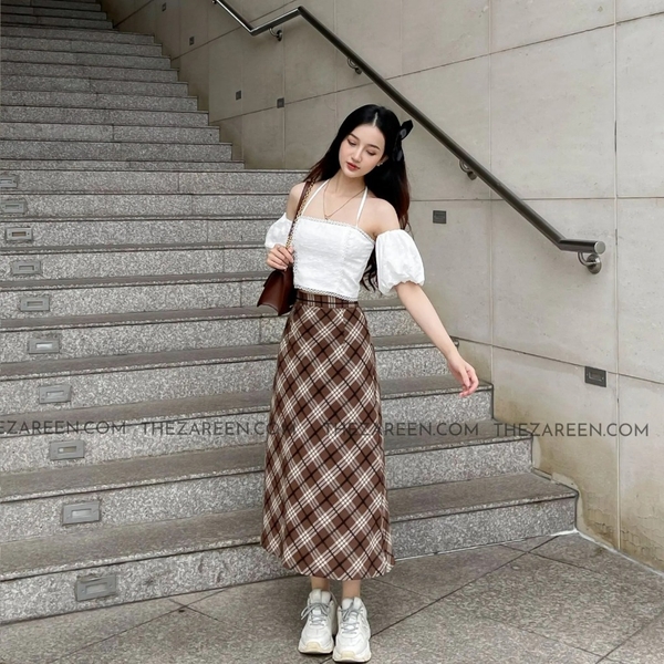 Chân váy caro dài lưng cao phối nút phong cách retro | Shopee Việt Nam