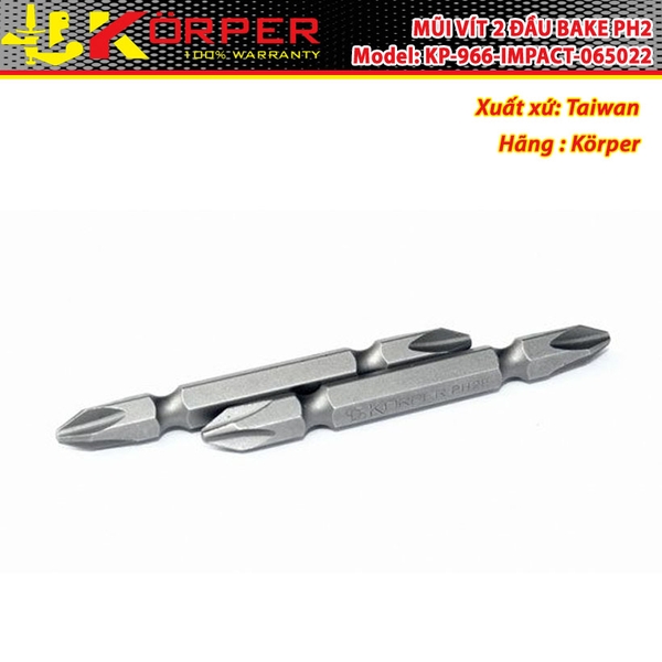 Mũi vít 2 đầu PH2 Korper KP-966 với thép S2 chống mài mòn, chịu lực tốt, bám vít ổn định