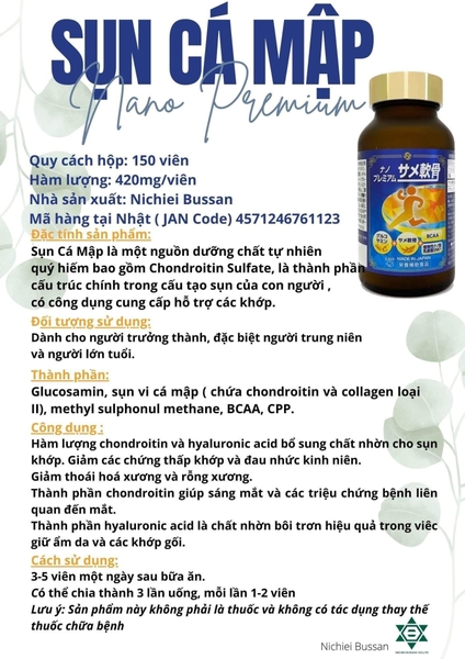 VIÊN UỐNG HỖ TRỢ XƯƠNG KHỚP SỤN CÁ MẬP NANO PREMIUM SHARK CARTILAGE- 150 VIÊN