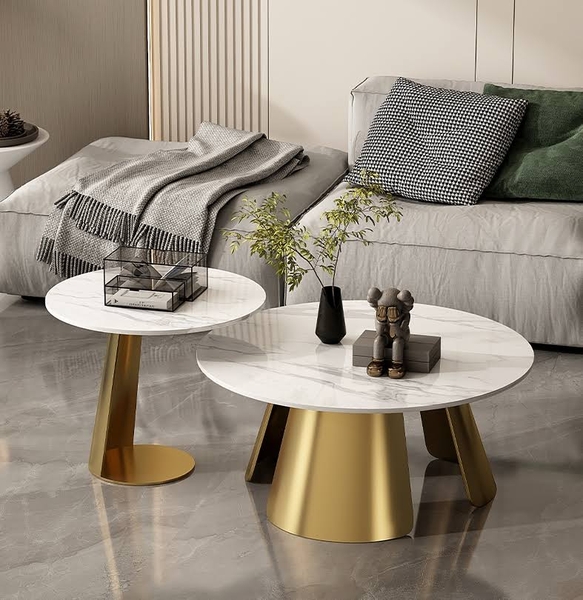 Bàn Sofa Tròn Đôi Mặt Ceramic Chân Sắt Sơn Vàng Marisa - BT325.4