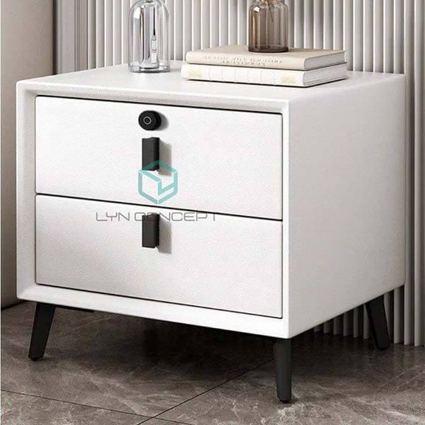 Tab Đầu Giường Bọc Da Màu Trắng Khóa Vân Tay Chân Sắt Sơn Đen - TĐG29.20