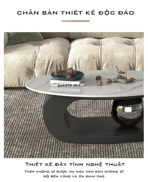 Bàn Trà Sofa Elip Mặt Đá Trắng Chân Inox Mạ Pvd Đen - BT22E2