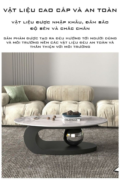 Bàn Trà Sofa Elip Mặt Đá Trắng Chân Inox Mạ Pvd Đen - BT22E2