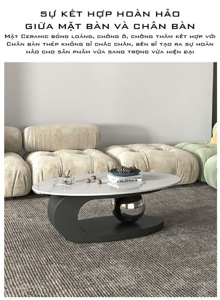 Bàn Trà Sofa Elip Mặt Đá Trắng Chân Inox Mạ Pvd Đen - BT22E2