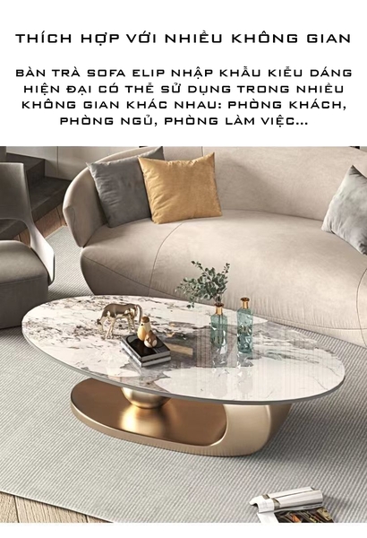 Bàn Trà Sofa Elip Mặt Đá Trắng Chân Inox Mạ Pvd Vàng Cao Cấp - BT22E